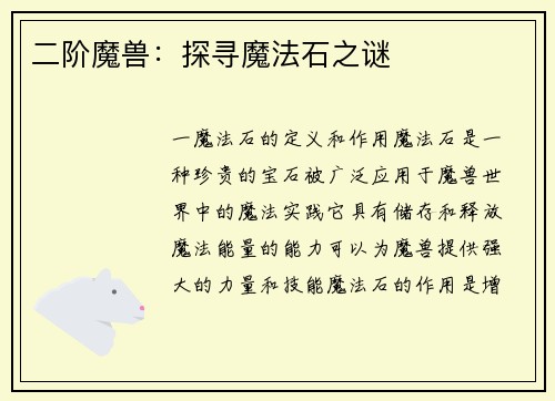 二阶魔兽:探寻魔法石之谜
